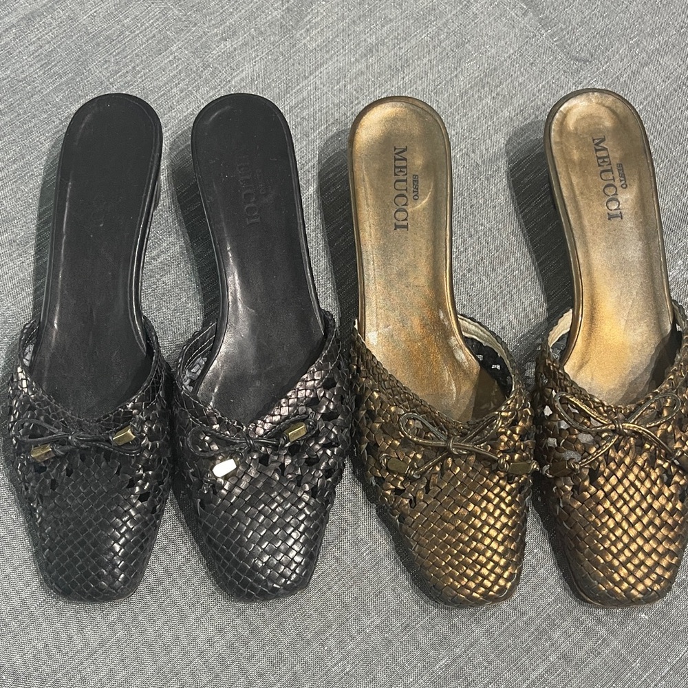 Sesto Meucci Black and Gold Woven Mules 2 pair